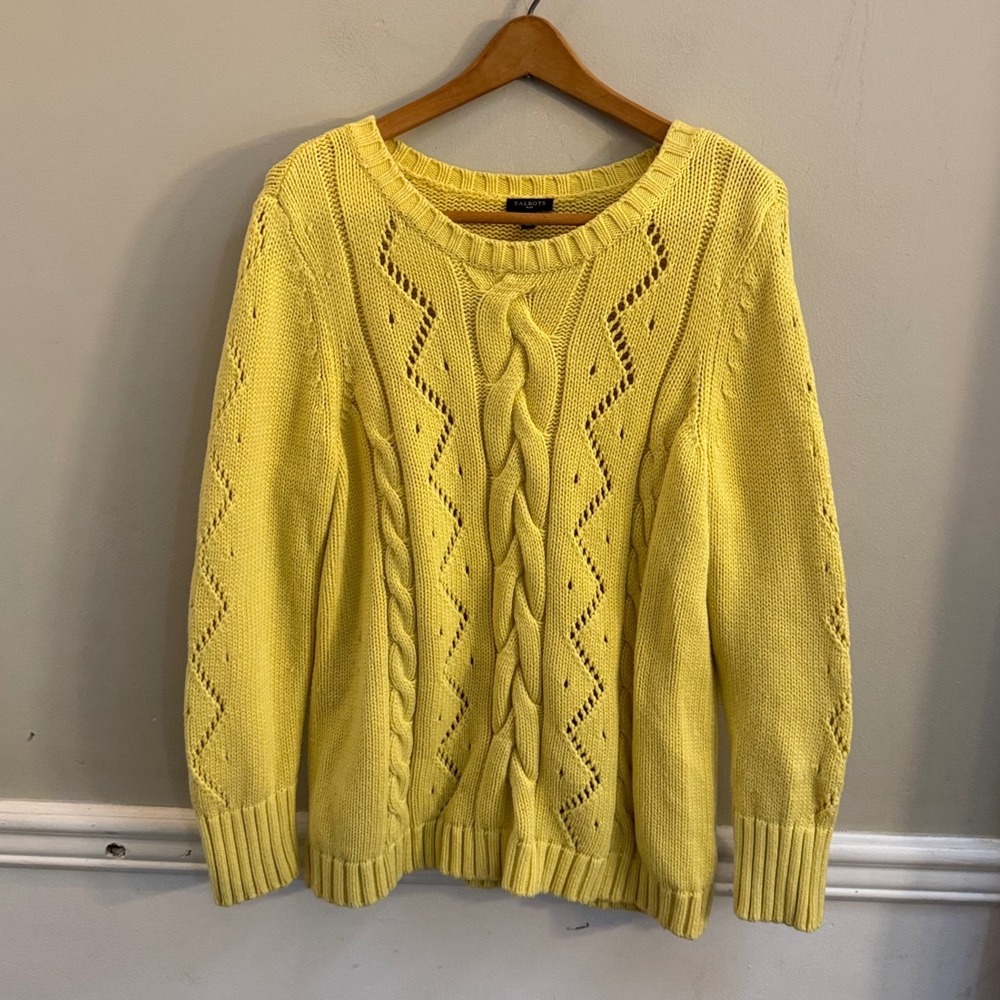 Talbots Plus Womens 1X Yellow Cotton Blend Pointelle Sleeve Knit Sweater